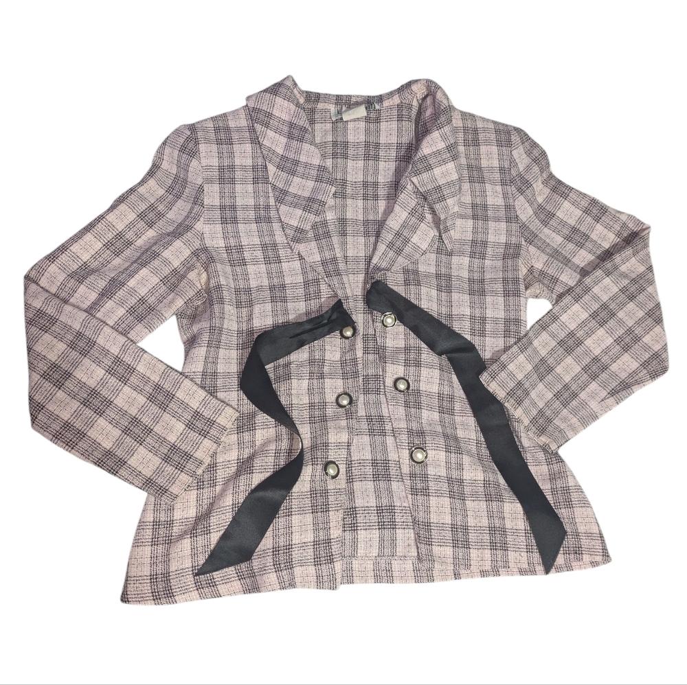 La Belle Vintage Plaid Ribbon Bow Blazer